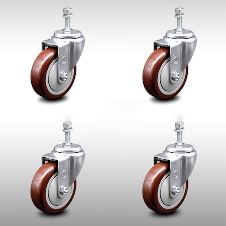 Service Caster 4 Inch SS Maroon Polyurethane Wheel Swivel 10mm Threaded Stem Caster Set SCC SCC-SSTS20S414-PPUB-MRN-M1015-4